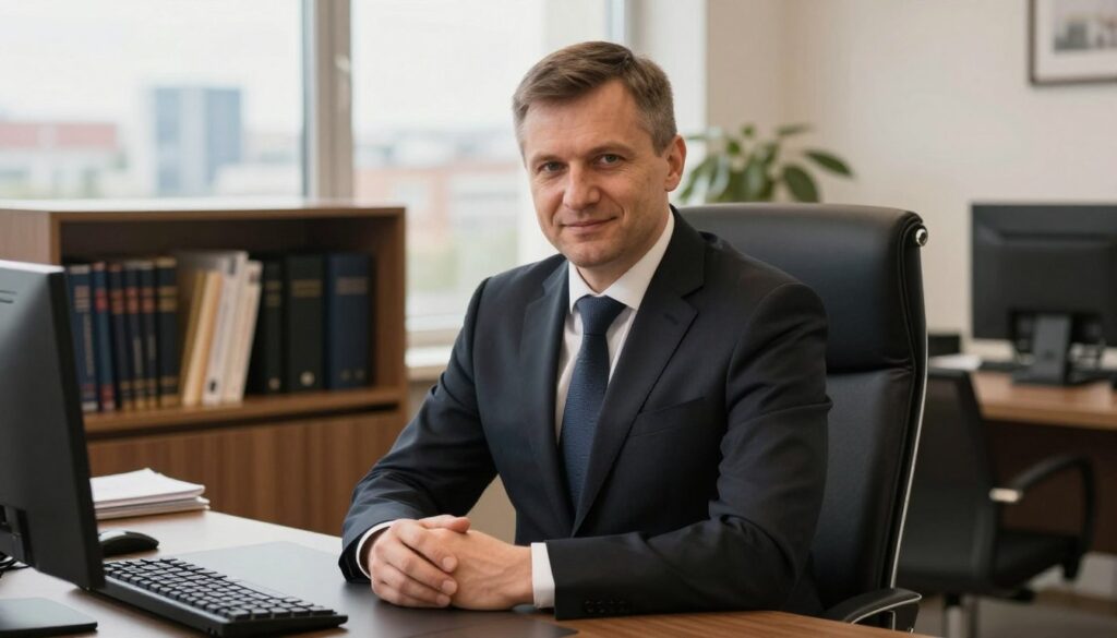 A polished and dignified portrait of Arkadiusz Chęciński, the president of Sosnowiec, seated at a modern office desk. He is dressed in a formal dark suit, displaying a confident yet approachable demeanor. The foreground features the president's focused expression and poised body language, reflecting leadership. The middle ground includes a well-organized office setting with bookshelves containing important documents and a city skyline view through large windows, symbolizing his connection to the city. The background is softly blurred to emphasize the subject. Warm, natural lighting from the windows illuminates the scene, creating an inviting and professional atmosphere. The camera angle is slightly elevated, capturing him in a position of authority while retaining a sense of relatability.