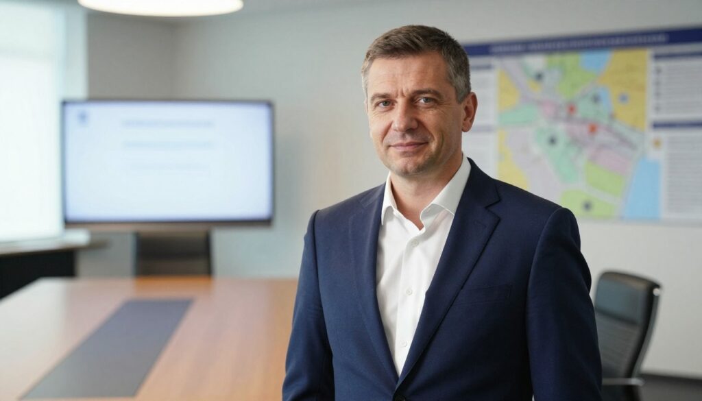 A portrait of Jacek Siewiera, a distinguished man in his forties, depicted in a professional setting. He wears a tailored navy suit and a crisp white shirt, exuding authority and confidence. His short, well-groomed hair and focused gaze suggest a deep intellect and experience. In the foreground, he stands with a slight smile, conveying approachability. The middle ground features a conference room with a modern design, complete with a large table and presentation screen. The background reveals blurred outlines of national security-related documents and maps, subtly hinting at his past role as the head of the National Security Bureau. Soft, natural lighting from a large window casts a flattering glow, creating a serious yet inviting atmosphere.
