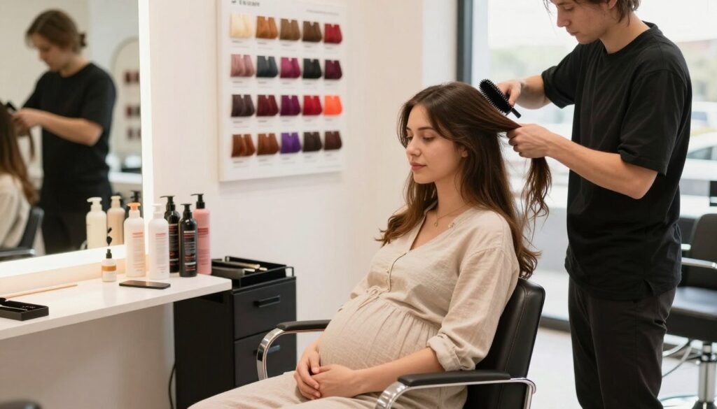A pregnant woman in a well-lit salon, seated in a comfortable chair, preparing her hair for coloring. She has long, healthy hair and is wearing a modest, casual outfit, looking relaxed and focused while a stylist is gently brushing her hair. The stylist, also in a professional yet casual outfit, is using high-quality hair products laid out neatly on a table, creating a serene and organized atmosphere. In the background, vibrant hair color samples are displayed on the wall, and a large window lets in warm, natural light, enhancing the welcoming and tranquil mood of the scene.