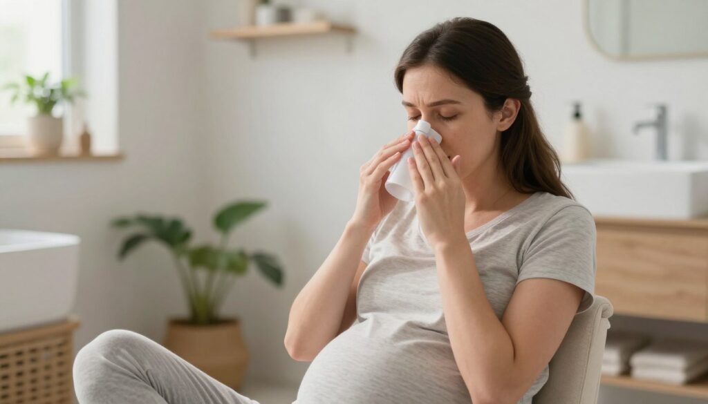 A pregnant woman sitting comfortably in a well-lit bathroom, gently rinsing her nose with a saline solution using a neti pot. Her expression is calm and focused, reflecting a sense of care and well-being. She is dressed in modest, casual clothing, with soft, natural lighting illuminating the space, creating a warm and peaceful atmosphere. The background features serene bathroom decor, including plants and gentle colors to enhance the relaxing environment. The image is shot from a slightly elevated angle, allowing a clear view of the technique being performed while emphasizing the importance of self-care during pregnancy.