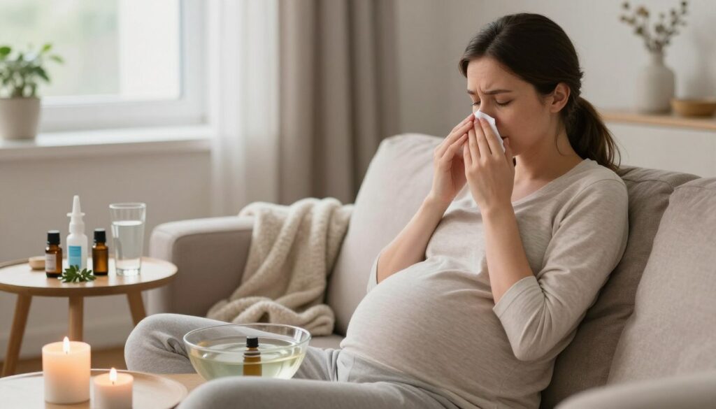 A pregnant woman sitting comfortably on a cozy couch, wearing a light, casual outfit, looking peaceful and serene as she practices safe methods to alleviate sinus discomfort. In the foreground, she holds a bowl of warm water with essential oils for inhalation, surrounded by soothing candles and a soft blanket. The middle ground features a small table with herbal remedies, saline spray, and a glass of water. In the background, a window allows soft, natural light to filter in, creating a calm and inviting atmosphere. The overall mood is tranquil and nurturing, embodying the theme of safe methods for easing sinus issues during pregnancy.