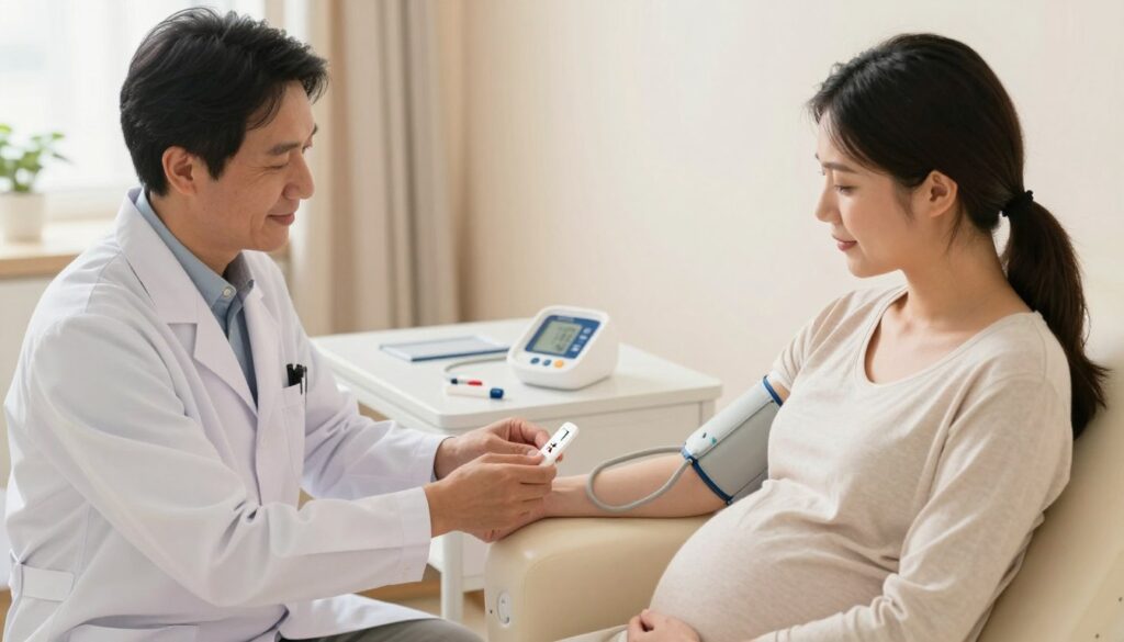 A pregnant woman sitting in a well-lit medical examination room, focused and calm during a glucose tolerance test. In the foreground, she is wearing modest, comfortable clothing, with a friendly healthcare professional beside her, explaining the procedure. The professional is dressed in a white lab coat, showcasing a caring demeanor. In the middle, there is a table with medical equipment, including a blood pressure monitor and a glucose test kit. The background features soft, warm lighting and pastel-colored walls, creating a reassuring atmosphere. The image conveys a sense of professionalism and care, highlighting the importance of monitoring glucose levels in pregnancy. The angle is slightly above eye level, capturing the scene in a natural, inviting way. A pregnant woman sitting in a well-lit medical examination room, focused and calm during a glucose tolerance test. In the foreground, she is wearing modest, comfortable clothing, with a friendly healthcare professional beside her, explaining the procedure. The professional is dressed in a white lab coat, showcasing a caring demeanor. In the middle, there is a table with medical equipment, including a blood pressure monitor and a glucose test kit. The background features soft, warm lighting and pastel-colored walls, creating a reassuring atmosphere. The image conveys a sense of professionalism and care, highlighting the importance of monitoring glucose levels in pregnancy. The angle is slightly above eye level, capturing the scene in a natural, inviting way.