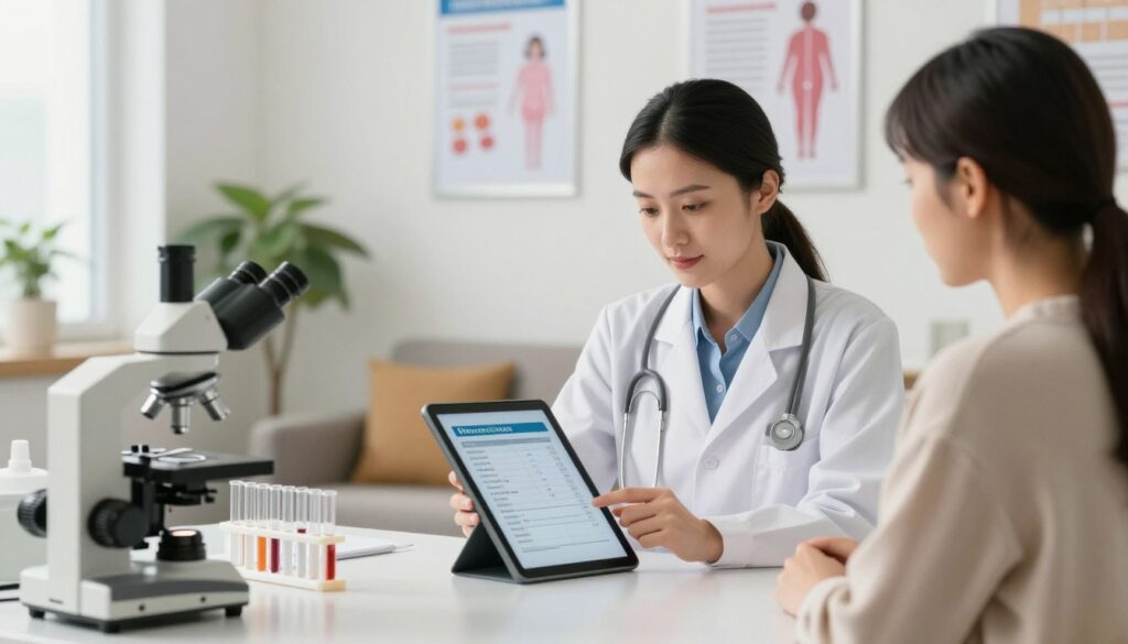 A professional female doctor in a bright, modern clinic setting, attentively examining hormone test results on a digital tablet. In the foreground, there are laboratory equipment, including test tubes and a microscope, symbolizing fertility assessments. The middle ground features a serene consultation area with soft lighting and potted plants, creating a calm atmosphere, where patients feel comfortable. The background showcases a wall adorned with informative posters about hormonal health and fertility. The overall mood is one of hope and preparation, emphasizing the importance of hormonal testing before pregnancy. The image focuses on the doctor’s engagement with the patient, who is dressed in modest casual clothing, conveying professionalism and care. The lighting is warm and inviting, enhancing the friendly environment of the clinic. A professional female doctor in a bright, modern clinic setting, attentively examining hormone test results on a digital tablet. In the foreground, there are laboratory equipment, including test tubes and a microscope, symbolizing fertility assessments. The middle ground features a serene consultation area with soft lighting and potted plants, creating a calm atmosphere, where patients feel comfortable. The background showcases a wall adorned with informative posters about hormonal health and fertility. The overall mood is one of hope and preparation, emphasizing the importance of hormonal testing before pregnancy. The image focuses on the doctor’s engagement with the patient, who is dressed in modest casual clothing, conveying professionalism and care. The lighting is warm and inviting, enhancing the friendly environment of the clinic.
