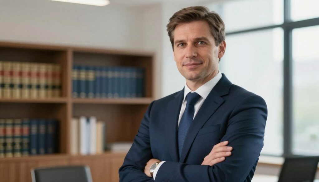A professional man named Edward Wełpa stands in a well-lit modern office environment, exuding a sense of authority and professionalism. He is dressed in a tailored navy suit with a crisp white shirt and a matching tie. In the foreground, he is facing slightly to the left, with a confident expression and arms crossed, embodying determination and intellect. The background features a bookshelf filled with various legal and business books, hinting at his expertise. Soft natural light filters through large windows, creating a warm and inviting atmosphere. A subtle depth of field adds focus to Edward while softly blurring the shelves behind him. The overall mood is inspiring and sophisticated, suggesting a figure of trust and knowledge in his field.