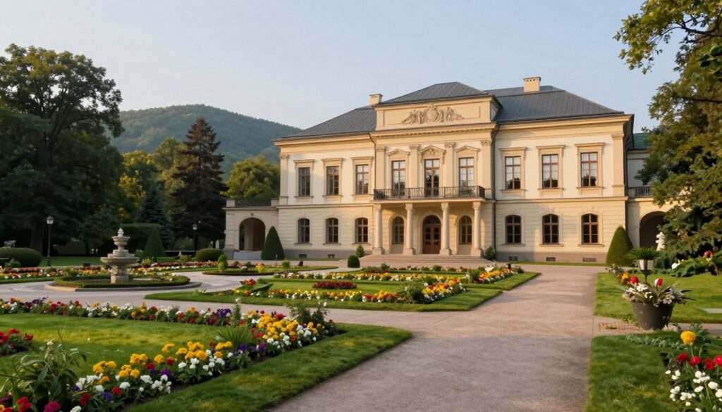 A scenic view of the Presidential residence nestled in a serene landscape outside Warsaw, showcasing its grandeur and elegance. In the foreground, a beautifully manicured garden with colorful flowers and polished pathways leads to the entrance of the residence. The middle ground features the majestic building with classical architecture, large windows, and ornate balconies, reflecting sunlight. In the background, gentle hills and lush greenery add depth to the scene, conveying tranquility. The lighting is warm and inviting, suggesting a late afternoon glow. The mood is calm and dignified, encapsulating the importance of the residence. The perspective is slightly angled to highlight both the building and the garden, creating an inviting atmosphere. No people or text are present in the image.