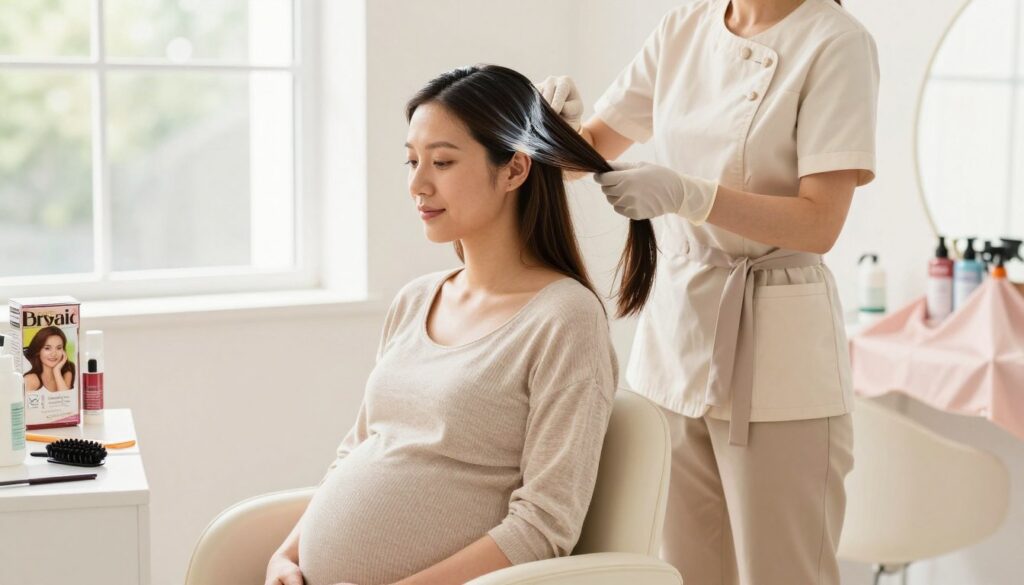 A serene and brightly lit salon environment focused on a pregnant woman receiving a hair dye treatment. The woman, dressed in modest casual clothing, has a calm expression, showcasing the feeling of safety and care. Surround her with tools of the trade: organic hair dye products and protective gear like gloves and a cape. Soft pastels dominate the color palette, creating a warm and inviting atmosphere. In the background, a professional stylist, wearing a neatly pressed uniform, meticulously applies dye to her hair, demonstrating thoroughness and expertise. The composition captures the essence of safety during a hair dyeing process while highlighting the pregnancy aspect. Soft, natural lighting filters through a window, enhancing the tranquil mood and emphasizing the importance of choosing safe products.