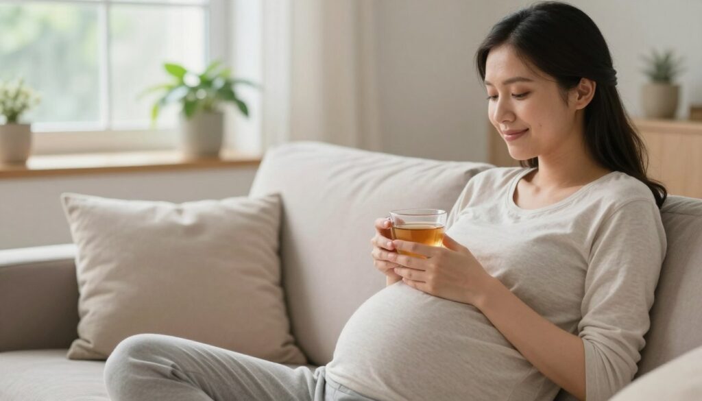 A serene and calming scene depicting a pregnant woman sitting comfortably in a softly lit living room, looking contemplative and relaxed. In the foreground, she has a gentle smile as she holds a warm cup of herbal tea, symbolizing comfort during digestive discomfort. Her attire is modest and casual, reflecting a nurturing environment. In the middle ground, a few cozy cushions and a small plant add a touch of warmth and liveliness. The background shows a window with natural light filtering in, enhancing the peaceful atmosphere. The overall mood conveys a sense of understanding and care towards the hormonal and physiological changes that can cause digestive issues in early pregnancy. The image should be bright, inviting, and heartwarming, captured with a focus on emotional connection.