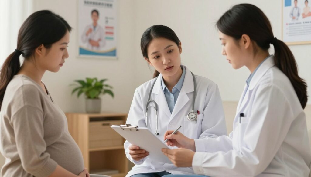 A serene and comforting clinic setting with a focus on a caring healthcare professional, a woman in a white lab coat, discussing treatment options with a pregnant patient. In the foreground, the healthcare professional gently examines a medical chart, highlighting a compassionate demeanor. The pregnant patient, dressed in modest casual clothing, listens attentively, showing both concern and hope. The middle scene features a calming environment with soft, warm lighting, medical posters on the walls, and plants in the background to create a sense of tranquility. The atmosphere is tender and reassuring, emphasizing the importance of trust in doctor-patient relationships during pregnancy-related concerns. The image should convey professionalism and warmth, capturing the essence of support during a vital time.