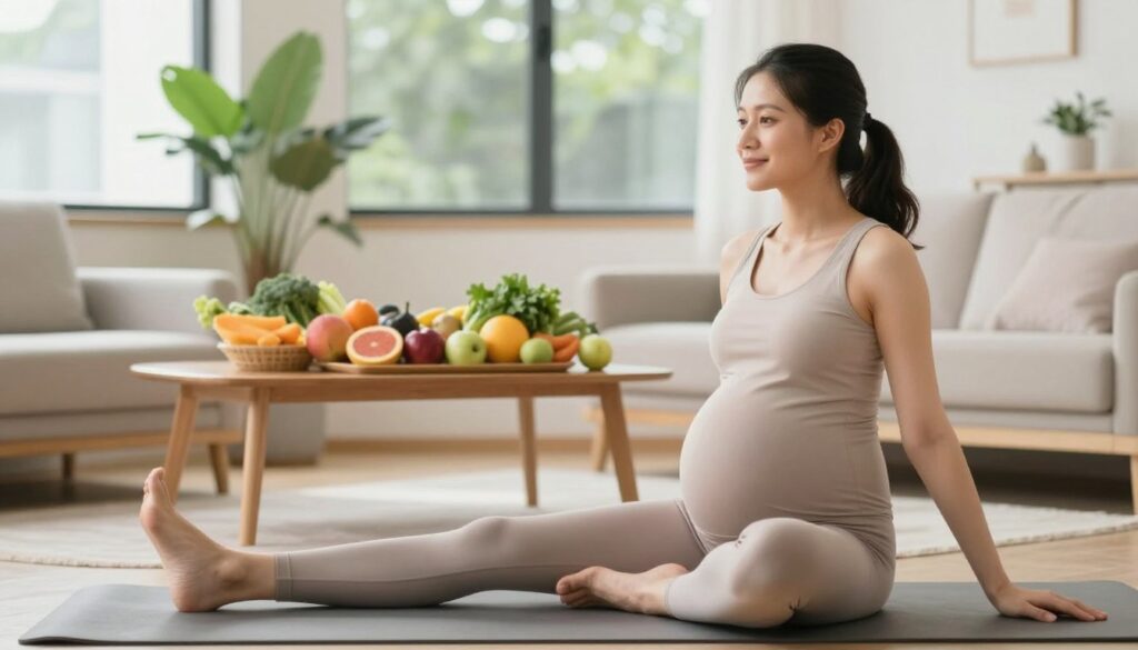 A serene and inviting scene depicting a pregnant woman engaging in gentle exercise, such as yoga, in a bright and airy indoor setting. She is dressed in modest, comfortable athletic wear, reflecting a sense of calm and wellness. In the foreground, the woman is in a peaceful pose, emphasizing mindfulness and health during pregnancy. The middle ground features a variety of healthy foods like fruits and vegetables displayed on a wooden table, symbolizing nutritional choices. The background includes soft natural light streaming through large windows, lush green plants, and a cozy atmosphere that promotes a sense of well-being. The mood is uplifting and supportive, highlighting the importance of safe weight management during pregnancy, with all elements harmoniously composed. A serene and inviting scene depicting a pregnant woman engaging in gentle exercise, such as yoga, in a bright and airy indoor setting. She is dressed in modest, comfortable athletic wear, reflecting a sense of calm and wellness. In the foreground, the woman is in a peaceful pose, emphasizing mindfulness and health during pregnancy. The middle ground features a variety of healthy foods like fruits and vegetables displayed on a wooden table, symbolizing nutritional choices. The background includes soft natural light streaming through large windows, lush green plants, and a cozy atmosphere that promotes a sense of well-being. The mood is uplifting and supportive, highlighting the importance of safe weight management during pregnancy, with all elements harmoniously composed.
