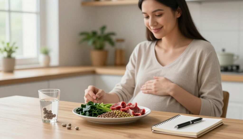 A serene and inviting scene focusing on a pregnant woman in a cozy kitchen setting, looking thoughtfully at a nutrient-rich plate featuring iron-rich foods like spinach, lentils, and red meat. In the foreground, display a glass of iron supplement pills beside a small, modern notebook with a pen, suggesting planning and care. In the middle, capture the woman, dressed in a comfortable, modest outfit, gently touching her belly with a warm smile, radiating health and tranquility. The background features soft, natural lighting filtering through a window, illuminating a small indoor plant, creating a calm atmosphere. This composition conveys the importance of iron during pregnancy, emphasizing nourishment and health.