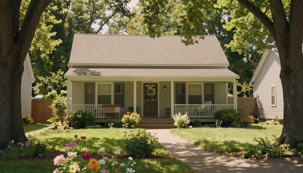 A serene and inviting suburban neighborhood scene, showcasing a modest, charming house surrounded by lush greenery. In the foreground, a well-maintained garden with colorful flowers adds warmth. The middle ground features a cozy porch with comfortable seating, hinting at the welcoming nature of the home. Soft, dappled sunlight filters through the trees, creating a peaceful ambiance. A path leading up to the front door suggests a sense of privacy and intimacy. The mood is calm and respectful, emphasizing the importance of personal space. Use a warm color palette to enhance the inviting atmosphere. The image should be captured with a soft-focus lens effect, evoking a sense of nostalgia and care for privacy. Ensure the scene resonates with tranquility, avoiding any elements that suggest intrusion.