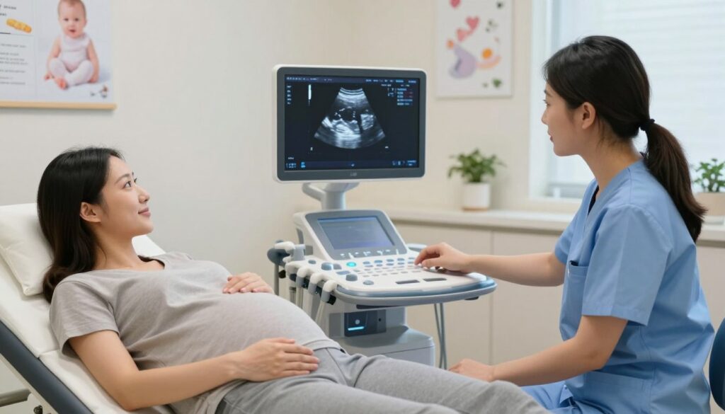 A serene and professional setting for a prenatal ultrasound appointment. In the foreground, a pregnant woman in modest casual clothing rests on an examination table, looking hopeful and attentive. A compassionate healthcare professional, dressed in scrubs, is carefully observing the monitor displaying the ultrasound image, radiating warmth and expertise. In the middle, the ultrasound machine is prominently featured, with soft blue and white lights illuminating the scene. The background shows a well-organized clinic room with medical posters and baby-related decorations, enhancing the atmosphere of care and anticipation. The lighting is soft and natural, creating a calm mood, with a gentle focus that highlights the intimate moment of expecting parents receiving their first glimpse of their baby. The overall composition conveys a sense of reassurance and joy in a medically professional context.