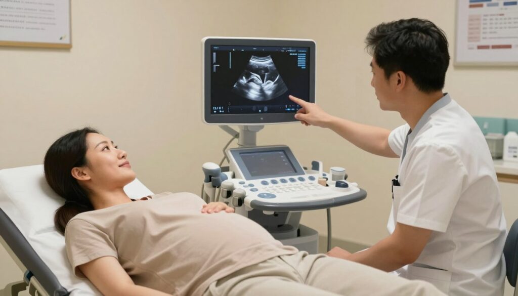 A serene and professional setting for an ultrasound examination at the 12th week of pregnancy. In the foreground, a pregnant woman in modest casual clothing lies on an examination table, looking at the ultrasound screen with a hopeful expression. A healthcare professional, wearing professional business attire, is attentively explaining the procedure, pointing at the screen. In the middle ground, the ultrasound machine is visible with its monitor displaying a clear, detailed image of the developing fetus. The background features soft, neutral-colored walls and medical posters, creating a calm atmosphere. Soft, warm lighting enhances the scene, focusing on the human subjects to evoke a sense of care and reassurance. The angle is slightly elevated, providing a comprehensive view of the interaction and the technology being used. A serene and professional setting for an ultrasound examination at the 12th week of pregnancy. In the foreground, a pregnant woman in modest casual clothing lies on an examination table, looking at the ultrasound screen with a hopeful expression. A healthcare professional, wearing professional business attire, is attentively explaining the procedure, pointing at the screen. In the middle ground, the ultrasound machine is visible with its monitor displaying a clear, detailed image of the developing fetus. The background features soft, neutral-colored walls and medical posters, creating a calm atmosphere. Soft, warm lighting enhances the scene, focusing on the human subjects to evoke a sense of care and reassurance. The angle is slightly elevated, providing a comprehensive view of the interaction and the technology being used.