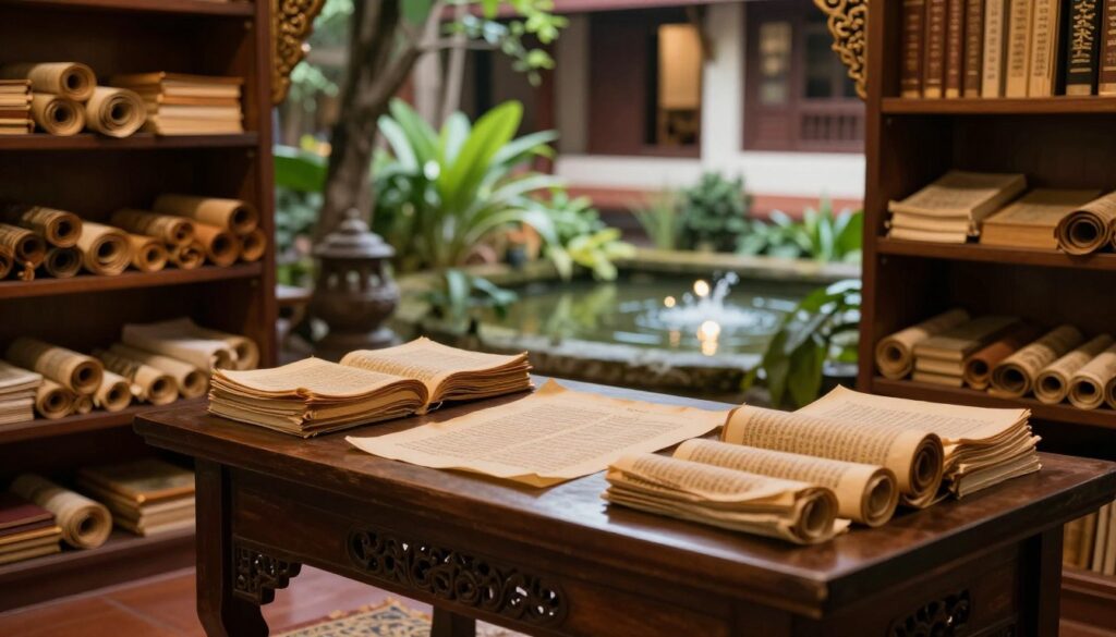 A serene and sacred scene depicting the "Pali Canon" texts, elegantly arranged on an ancient wooden table in a tranquil Buddhist library. In the foreground, intricately carved wooden bookcases filled with scrolls and ancient texts, illuminated by soft, warm lighting that casts gentle shadows. In the middle ground, a lush indoor garden with green plants symbolizing peace and enlightenment, featuring a small, tranquil water feature with soft ripples reflecting the light. In the background, a subtle hint of traditional Thai architecture, with ornate wooden beams and soft natural light filtering through the windows, creating a calm and contemplative atmosphere. The mood is serene and reverent, inviting the viewer to reflect on the wisdom contained within the Pali texts. No people are present, focusing entirely on the quiet beauty of the setting and the texts themselves.