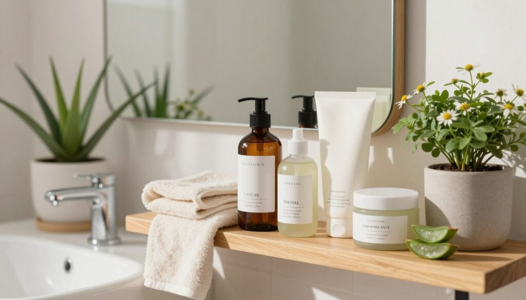 A serene bathroom setting filled with natural light, showcasing a variety of safe, pregnancy-friendly cosmetics and skincare products neatly arranged on a wooden shelf. In the foreground, there are gentle, earthy-toned bottles and jars labeled with natural ingredients, such as aloe vera and chamomile. A lush plant in a ceramic pot adds a touch of greenery. In the middle ground, a comfortable, soft towel is draped over a countertop, suggesting a calming self-care ritual. The background features a mirror with gentle reflections, enhancing the overall ambiance of tranquility. The mood is peaceful and nurturing, highlighting the importance of safe cosmetics during pregnancy, while maintaining a clean and organized aesthetic.