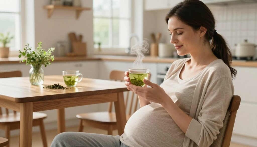 A serene composition depicting a pregnant woman seated comfortably in a cozy, sunlit corner of a modern kitchen, gently cradling a cup of green tea. The foreground features the woman in modest casual clothing, with a soft smile on her face, conveying a sense of relaxation and contentment. Her hands delicately hold the steaming cup, which showcases vibrant green tea leaves floating inside. The middle ground includes a wooden dining table with a small vase of fresh herbs and a few other tea mugs, highlighting the theme of herbal teas. The background reveals a warm, inviting kitchen with large windows letting in soft, natural light, creating a calming atmosphere. The overall mood is peaceful and nurturing, emphasizing the connection between pregnancy and wellness through herbal tea.