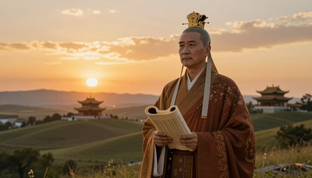 A serene, historical scene depicting Xuanzang, the famous Chinese Buddhist monk, in a rich, traditional robe with intricate embroidery, standing confidently in a tranquil landscape. In the foreground, Xuanzang holds a scroll, symbolizing his scholarly pursuits, with an expression of determination and wisdom. The middle ground features gently rolling hills dotted with ancient temples reflecting the cultural significance of his pilgrimage. The background showcases a vividly colored sunset casting warm golden hues across the sky, enhancing the spiritual atmosphere. Soft, diffused lighting emphasizes the details of Xuanzang's attire and the texture of the landscape. The image conveys a sense of reverence, exploration, and the quest for knowledge in the context of ancient Buddhist history.
