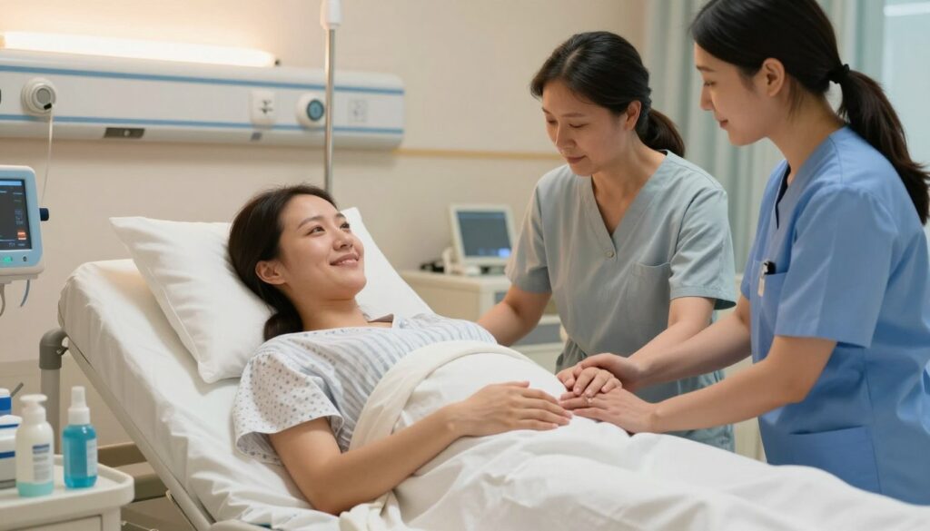 A serene hospital delivery room scene focusing on a smiling, modestly dressed woman in labor, receiving support from a compassionate healthcare professional. In the foreground, soft medical equipment and comforting tools are visible, representing an atmosphere of care and safety. The middle layer shows a supportive family member, gently holding the woman’s hand, emphasizing emotional support. In the background, warm lighting creates a calming ambiance, with sterile but welcoming medical decor. The angle captures the moment of strength and hope, symbolizing the journey of VBAC (Vaginal Birth After Cesarean) and the options available for childbirth after a cesarean section. The overall mood is one of empowerment and reassurance, highlighting the importance of informed choices in maternity care. A serene hospital delivery room scene focusing on a smiling, modestly dressed woman in labor, receiving support from a compassionate healthcare professional. In the foreground, soft medical equipment and comforting tools are visible, representing an atmosphere of care and safety. The middle layer shows a supportive family member, gently holding the woman’s hand, emphasizing emotional support. In the background, warm lighting creates a calming ambiance, with sterile but welcoming medical decor. The angle captures the moment of strength and hope, symbolizing the journey of VBAC (Vaginal Birth After Cesarean) and the options available for childbirth after a cesarean section. The overall mood is one of empowerment and reassurance, highlighting the importance of informed choices in maternity care.