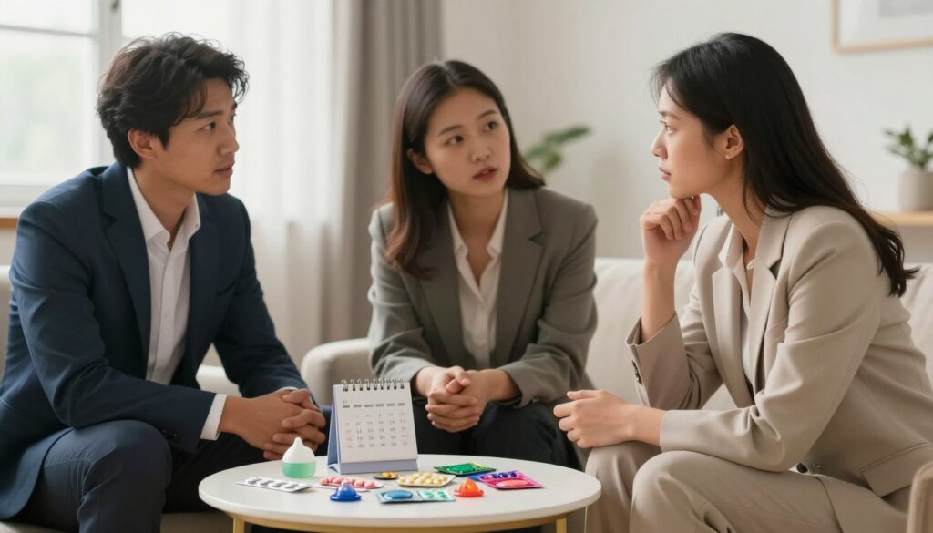 A serene indoor scene illustrating safe behaviors and contraceptive methods to prevent pregnancy without intercourse. In the foreground, a small table displaying various contraceptive options like pills, condoms, and a calendar, symbolizing family planning. In the middle, a diverse group of three individuals in professional business attire engaged in a thoughtful discussion, emphasizing communication and education about sexual health. The background features soft natural light filtering through a window, creating a calm and inviting atmosphere. The lens captures a warm tone, focusing on the expressions of curiosity and determination on the individuals' faces, highlighting the importance of informed choices and risk minimization. A serene indoor scene illustrating safe behaviors and contraceptive methods to prevent pregnancy without intercourse. In the foreground, a small table displaying various contraceptive options like pills, condoms, and a calendar, symbolizing family planning. In the middle, a diverse group of three individuals in professional business attire engaged in a thoughtful discussion, emphasizing communication and education about sexual health. The background features soft natural light filtering through a window, creating a calm and inviting atmosphere. The lens captures a warm tone, focusing on the expressions of curiosity and determination on the individuals' faces, highlighting the importance of informed choices and risk minimization.
