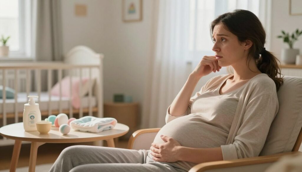 A serene indoor setting depicting the early stages of motherhood, focusing on a contemplative mother in modest casual clothing, softly illuminated by warm natural light streaming through a window. In the foreground, the mother sits on a comfortable chair, gently cradling her pregnancy belly with a thoughtful expression, embodying feelings of uncertainty and reflection. The middle layer includes comforting elements like baby items, softly arranged on a nearby table, symbolizing preparation and the blend of hope and anxiety typical of first-time motherhood. The background features a softly blurred nursery, subtly decorated in pastel colors, conveying a nurturing ambiance. The overall mood is introspective and tender, evoking the complex emotions associated with pregnancy and the initial absence of maternal instinct.