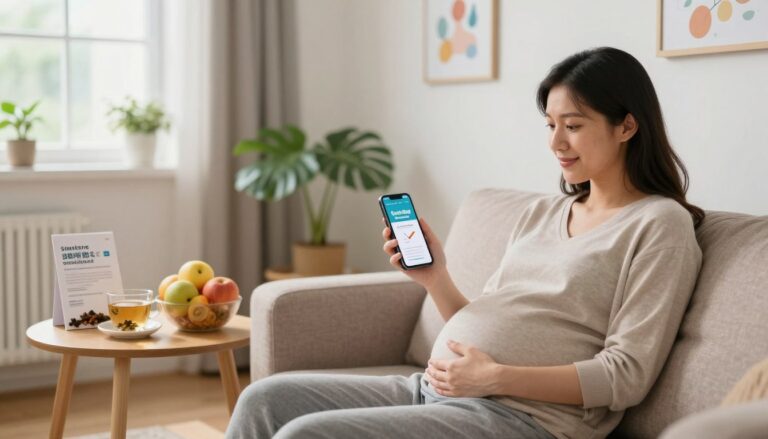 A serene indoor setting designed to support pregnant women in quitting smoking. In the foreground, a cozy, well-lit room features a pregnant woman sitting comfortably on a soft couch, dressed in modest casual clothing, holding a smartphone displaying a quit smoking app. Her expression is hopeful and determined. In the middle ground, a small table displays supportive materials: pamphlets about smoking cessation, herbal teas, and a bowl of fresh fruits. The background includes a window with soft natural light pouring in, plants, and calming wall art related to health and well-being. The atmosphere is warm and encouraging, evoking a sense of community and support, ideal for women seeking effective strategies to quit smoking during pregnancy. The composition is bright and uplifting, shot from a slightly elevated angle to enhance the inviting vibe.
