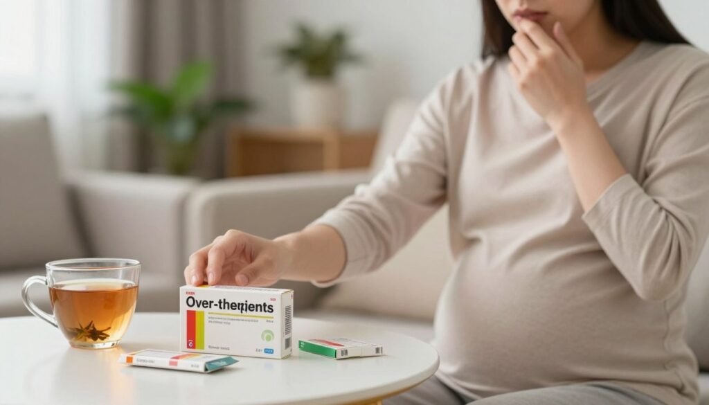 A serene indoor setting featuring a pregnant woman in modest casual clothing, gently holding her stomach with one hand and the other hand reaching for a box of safe decongestant medicines on a nearby table. The foreground captures close-up details of the woman's thoughtful expression as she contemplates her options for managing a cold during pregnancy. In the middle of the scene, the table displays various over-the-counter medicine boxes with clear labeling indicating their safety for pregnancy, alongside a warm cup of herbal tea, symbolizing soothing remedies. The background shows a softly lit, cozy room with plants and calming colors, creating a warm, comforting atmosphere, perfect for a caring approach to treating common cold symptoms during pregnancy. The lighting is soft and natural, enhancing the peaceful mood of the image. A serene indoor setting featuring a pregnant woman in modest casual clothing, gently holding her stomach with one hand and the other hand reaching for a box of safe decongestant medicines on a nearby table. The foreground captures close-up details of the woman's thoughtful expression as she contemplates her options for managing a cold during pregnancy. In the middle of the scene, the table displays various over-the-counter medicine boxes with clear labeling indicating their safety for pregnancy, alongside a warm cup of herbal tea, symbolizing soothing remedies. The background shows a softly lit, cozy room with plants and calming colors, creating a warm, comforting atmosphere, perfect for a caring approach to treating common cold symptoms during pregnancy. The lighting is soft and natural, enhancing the peaceful mood of the image.