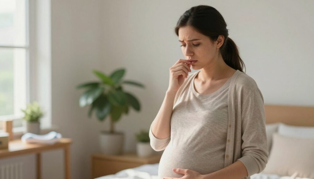 A serene, informative scene showcasing a pregnant woman in a modest, casual outfit, standing in a bright, cozy home environment. She is gently cradling her baby bump with a concerned yet thoughtful expression on her face, symbolizing the topic of healthy weight gain during pregnancy. In the background, include a softly lit room with plants and baby items creating a nurturing atmosphere. The composition focuses on a close-up of the woman to highlight her thoughtful demeanor, with natural sunlight filtering through a window, casting warm light on her. The overall mood should be calm and reassuring, conveying a sense of responsibility and health awareness during pregnancy.