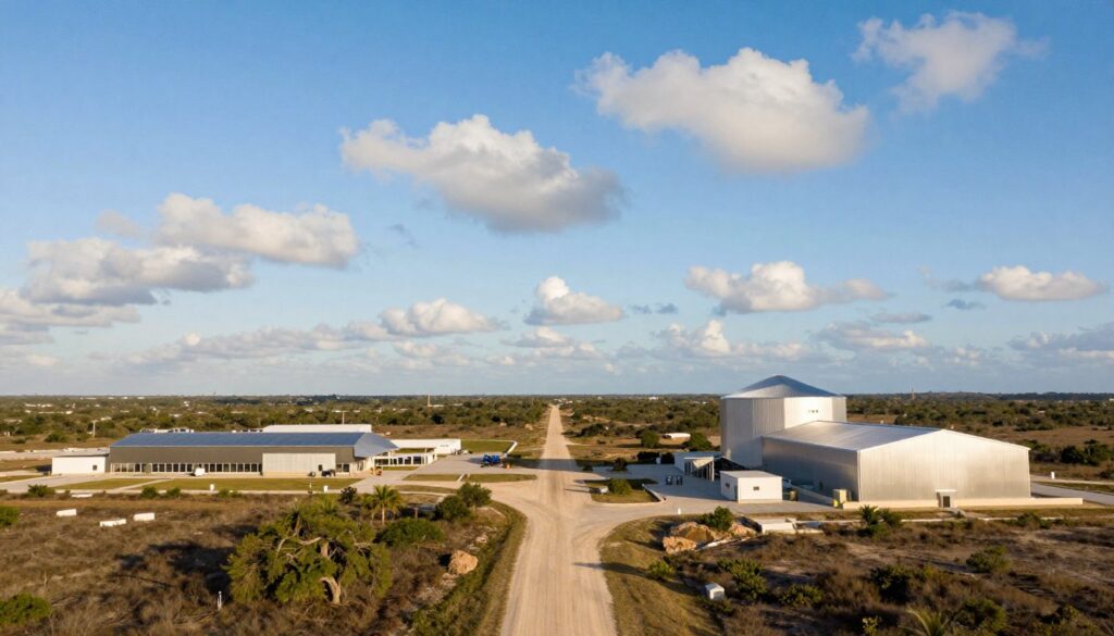 A serene landscape of Boca Chica, Texas, showcasing its unique charm. In the foreground, a modern SpaceX facility with sleek, metallic structures gleaming under the warm afternoon sun. Just beyond, a dirt road flanked by sparse vegetation leads to the horizon, emphasizing the area's open space. In the middle ground, a mix of industrial and natural elements, including a few scattered trees and distant hills. The background features an expansive blue sky, dotted with fluffy white clouds, conveying a sense of endless possibility. The lighting is bright and inviting, creating a hopeful and forward-thinking atmosphere. This scene captures the essence of Boca Chica as a pivotal location in aerospace innovation and the evolving residence of a prominent figure. The angle is slightly elevated, offering a comprehensive view of the landscape while emphasizing the unique location.