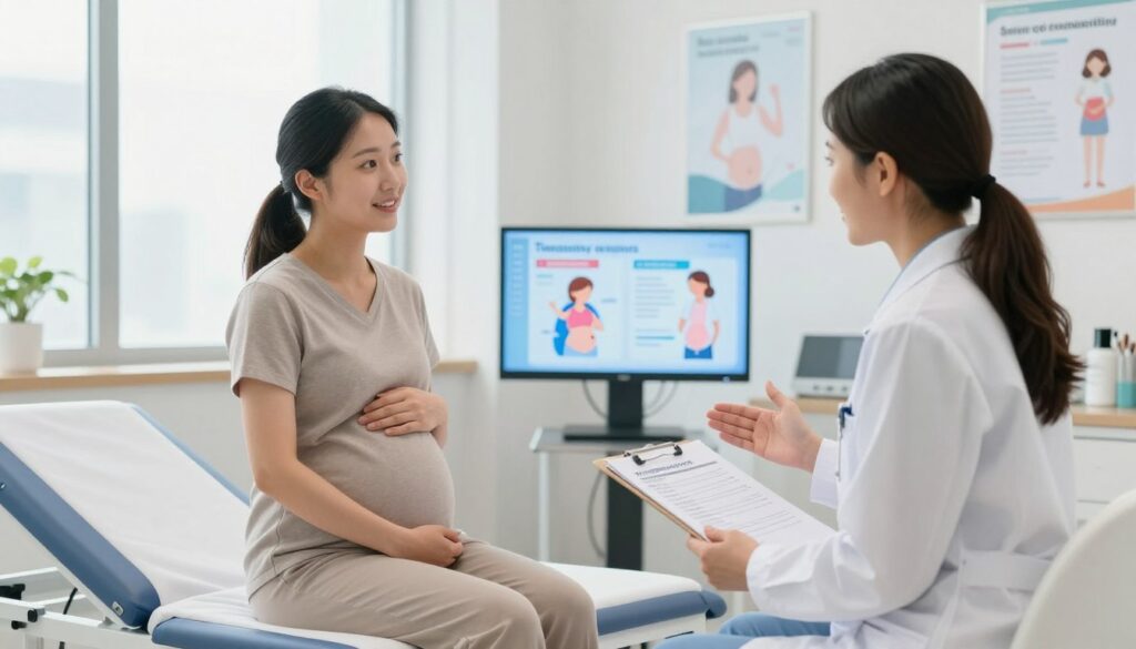 A serene medical consultation scene in a bright, modern clinic. In the foreground, a pregnant woman in modest, professional attire sits comfortably on an examination table, looking relieved as she speaks with a midwife dressed in a white coat. The midwife is gesturing with a friendly smile, holding a clipboard filled with information about toxoplasmosis treatment options. In the middle ground, a digital display screen shows infographics about therapy goals and preventive measures, with medical illustrations depicting healthy pregnancies. The background features clean, soft colors, large windows allowing natural light to fill the room, and medical posters on the walls. The atmosphere is calm and informative, emphasizing care and support during pregnancy. A serene medical consultation scene in a bright, modern clinic. In the foreground, a pregnant woman in modest, professional attire sits comfortably on an examination table, looking relieved as she speaks with a midwife dressed in a white coat. The midwife is gesturing with a friendly smile, holding a clipboard filled with information about toxoplasmosis treatment options. In the middle ground, a digital display screen shows infographics about therapy goals and preventive measures, with medical illustrations depicting healthy pregnancies. The background features clean, soft colors, large windows allowing natural light to fill the room, and medical posters on the walls. The atmosphere is calm and informative, emphasizing care and support during pregnancy.