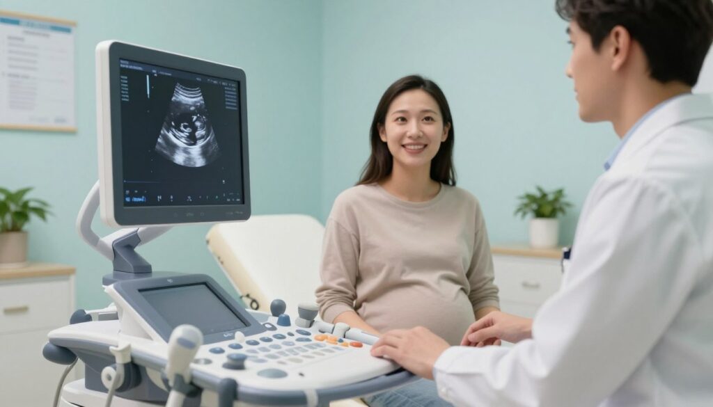A serene medical examination room with soft, diffused lighting, featuring a modern ultrasound machine in the foreground. In the middle ground, a pregnant woman, dressed in modest casual clothing, looks at the screen with a joyful expression as a healthcare professional, wearing a lab coat, conducts the ultrasound. The background includes a calming color palette, possibly light blue or green, with medical charts and plants subtly decorating the space to create a warm and welcoming atmosphere. The angle captures the screen displaying a clear, early ultrasound image, highlighting the significance of timing in pregnancy monitoring. Overall, the scene conveys a sense of hope and anticipation in a professional medical setting, focusing on the importance of the ultrasound exam.
