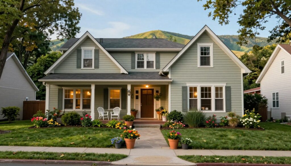A serene neighborhood scene in a suburban area, showcasing a charming house with a well-maintained garden, surrounded by trees and colorful flowers. In the foreground, a pathway leads to the entrance adorned with potted plants. The middle ground features a glimpse of a cozy porch, inviting and warm, with a couple of stylized garden chairs. In the background, soft rolling hills lead into the distance under a clear blue sky, suggesting tranquility. The lighting is soft and natural, evoking a peaceful afternoon atmosphere. This idyllic setting embodies the essence of home and community, focusing on the themes of residence and speculation, enhancing the narrative of mystery and public curiosity.