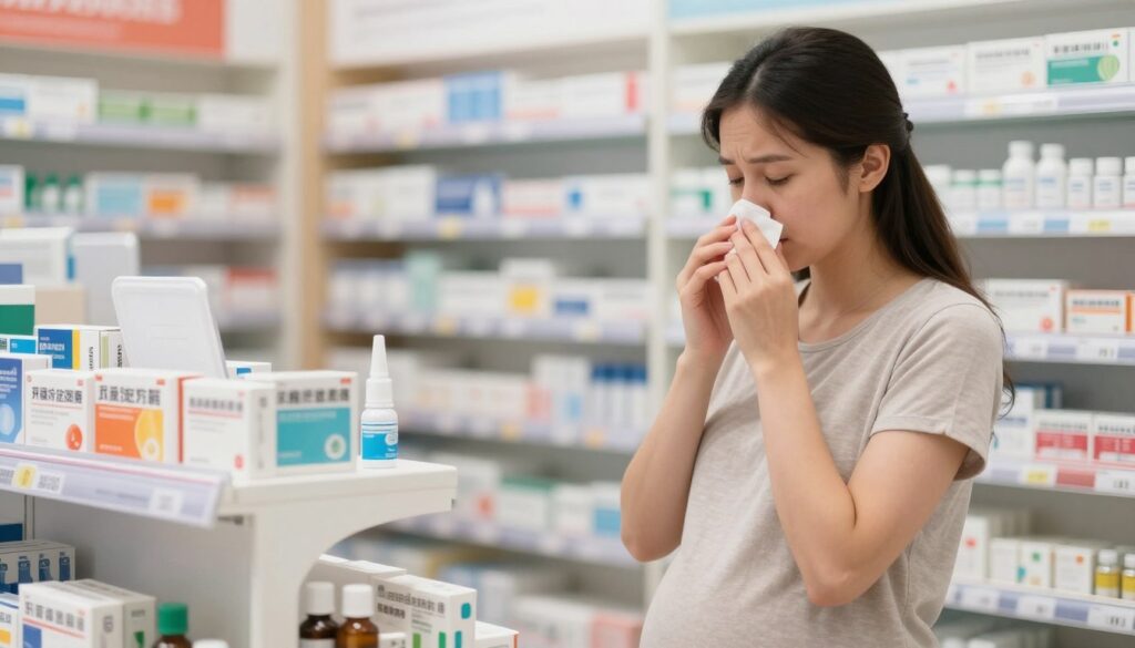 A serene pharmacy scene depicting safe and effective remedies for pregnant women dealing with nasal congestion. In the foreground, a well-organized display of over-the-counter medications, labeled clearly with soothing colors. In the middle, a pregnant woman in modest casual clothing examines a box of nasal saline spray, her expression thoughtful yet relaxed, embodying a sense of reassurance and health awareness. The background features softly lit pharmacy shelves stocked with health products, creating a warm and inviting atmosphere. Bright, natural lighting enhances the scene, and a slightly blurred depth of field focuses attention on the woman and the products. The overall mood is calm and informative, emphasizing safety and care for both mother and child. A serene pharmacy scene depicting safe and effective remedies for pregnant women dealing with nasal congestion. In the foreground, a well-organized display of over-the-counter medications, labeled clearly with soothing colors. In the middle, a pregnant woman in modest casual clothing examines a box of nasal saline spray, her expression thoughtful yet relaxed, embodying a sense of reassurance and health awareness. The background features softly lit pharmacy shelves stocked with health products, creating a warm and inviting atmosphere. Bright, natural lighting enhances the scene, and a slightly blurred depth of field focuses attention on the woman and the products. The overall mood is calm and informative, emphasizing safety and care for both mother and child.