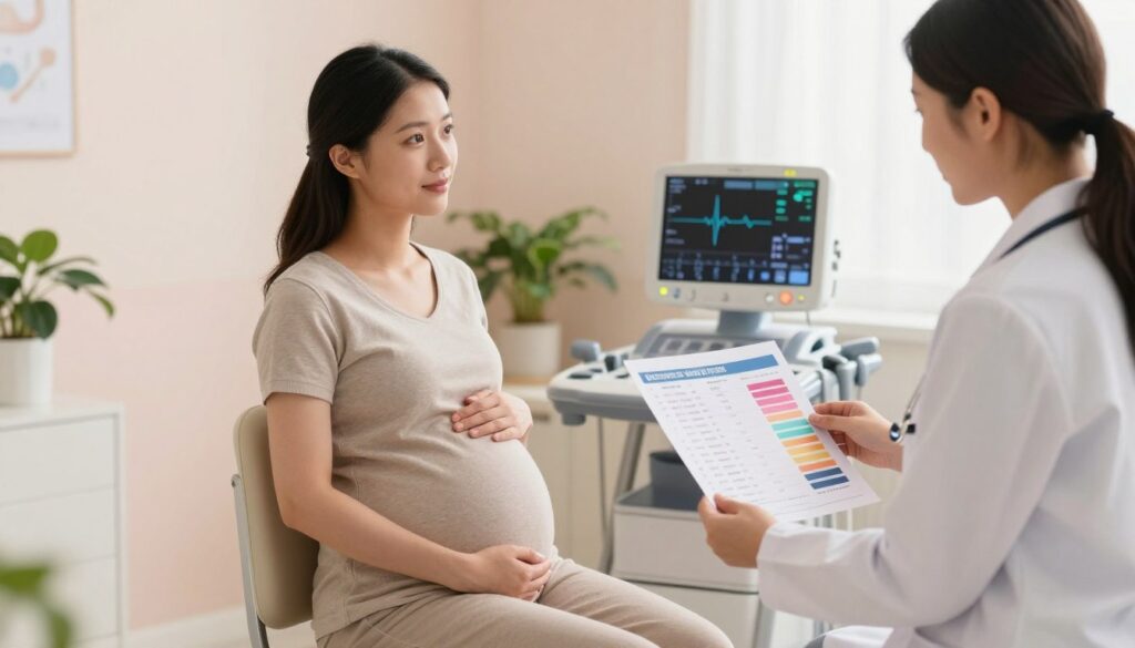 A serene prenatal scene depicting a woman between 18–22 weeks of pregnancy, sitting comfortably in a softly lit, modern doctor's office. In the foreground, the woman, dressed in modest casual attire, has a look of calm and anticipation as she engages with a healthcare professional. The healthcare professional, also in professional attire, is showing her a colorful prenatal test chart, symbolizing the expanded list of prenatal screenings available. In the middle ground, we see a table equipped with medical instruments and a fetal monitor displaying a heartbeat, emphasizing the context of prenatal health. The background features soothing pastel colors and plant life for a calming atmosphere, with gentle, natural light streaming in through a window, creating an inviting and informative mood. A serene prenatal scene depicting a woman between 18–22 weeks of pregnancy, sitting comfortably in a softly lit, modern doctor's office. In the foreground, the woman, dressed in modest casual attire, has a look of calm and anticipation as she engages with a healthcare professional. The healthcare professional, also in professional attire, is showing her a colorful prenatal test chart, symbolizing the expanded list of prenatal screenings available. In the middle ground, we see a table equipped with medical instruments and a fetal monitor displaying a heartbeat, emphasizing the context of prenatal health. The background features soothing pastel colors and plant life for a calming atmosphere, with gentle, natural light streaming in through a window, creating an inviting and informative mood.