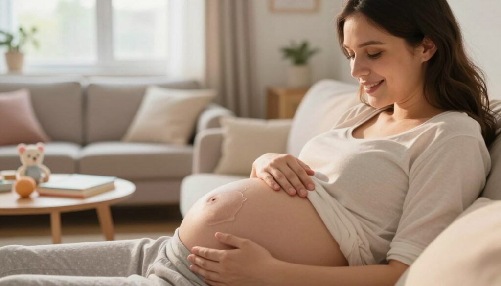 A serene scene depicting a pregnant woman gently resting her hand on her rounded belly, her expression a mix of wonder and joy as she experiences the first kicks of her baby. The foreground focuses on her softly glowing features, illuminated by warm, natural lighting. The middle layer shows her cozy living space, with a nurturing atmosphere enhanced by pastel colors, comfortable furnishings, and items reflecting motherhood, like baby books and small toys. In the background, a window lets in soft daylight, adding an air of tranquility. The composition suggests a moment of connection and anticipation, capturing the essence of "quickening" and the magical experience of fetal movement during pregnancy.