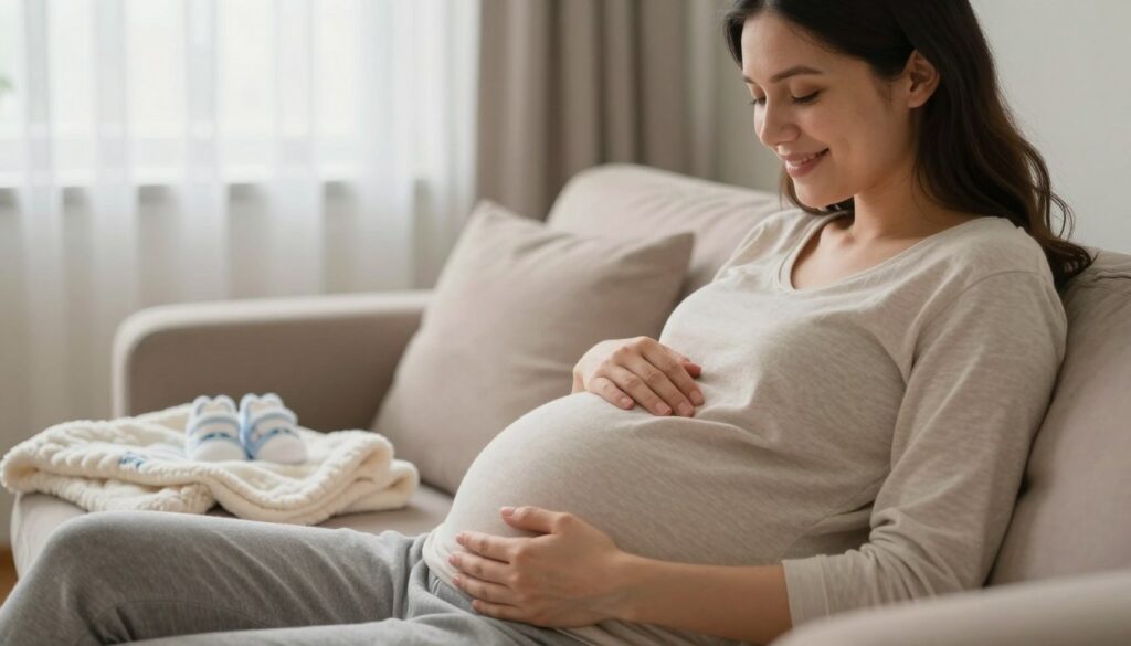 A serene scene depicting a pregnant woman in a cozy, softly lit living room, sitting on a comfortable couch, with a gentle smile on her face as she places her hand on her rounded belly, feeling the baby’s movements. In the foreground, her hand rests on her belly, suggesting a connection to the life within. In the middle ground, a few baby items like a soft blanket and tiny shoes can be seen, adding warmth to the scene. The background features a window with sheer curtains, allowing soft, natural light to pour in, creating a calm and soothing atmosphere. The overall mood should be one of comfort and anticipation, capturing the joy of feeling the baby's first movements during pregnancy.