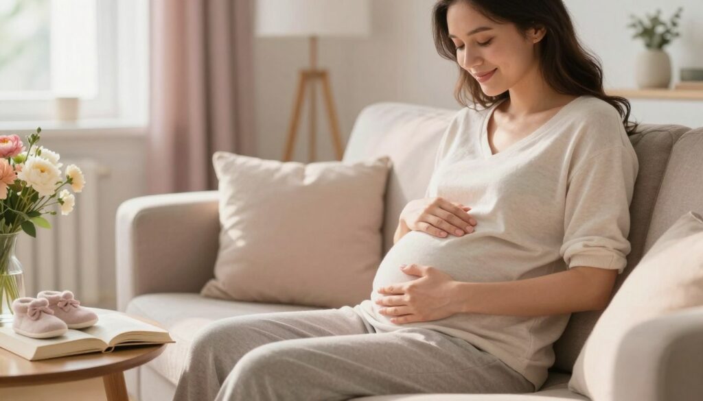 A serene, softly lit scene depicting the early signs of pregnancy in the first week. In the foreground, a woman in modest casual clothing sits comfortably on a cozy couch, cradling her abdomen with a gentle smile, conveying a sense of hope and calm. Around her, subtle hints of pregnancy are shown: a small pair of booties on a nearby table, a pregnancy book resting open, and a fresh bouquet of flowers adding color. The middle ground features a warm, inviting living room with soft, natural light streaming through a window, casting gentle shadows. In the background, delicate pastel colors blend harmoniously, creating a peaceful ambiance. The mood is tranquil and hopeful, encapsulating the initial emotional experience of early pregnancy. A serene, softly lit scene depicting the early signs of pregnancy in the first week. In the foreground, a woman in modest casual clothing sits comfortably on a cozy couch, cradling her abdomen with a gentle smile, conveying a sense of hope and calm. Around her, subtle hints of pregnancy are shown: a small pair of booties on a nearby table, a pregnancy book resting open, and a fresh bouquet of flowers adding color. The middle ground features a warm, inviting living room with soft, natural light streaming through a window, casting gentle shadows. In the background, delicate pastel colors blend harmoniously, creating a peaceful ambiance. The mood is tranquil and hopeful, encapsulating the initial emotional experience of early pregnancy.