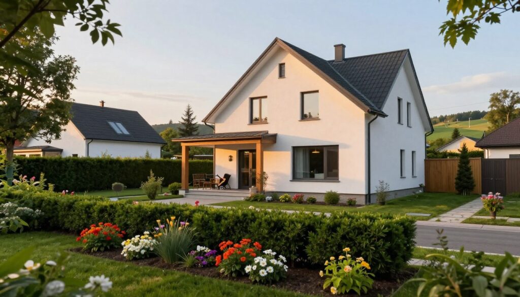 A serene suburban area located just outside Warsaw, Poland, showcasing a modern and elegant house surrounded by lush greenery. In the foreground, vibrant flowers and neatly trimmed hedges frame the front yard. The middle ground features the stylish house with large windows and a welcoming porch, reflecting soft natural light as the sun begins to set, casting a warm golden hue across the scene. In the background, gentle rolling hills and a clear sky enhance the tranquil atmosphere. The scene captures a peaceful suburban lifestyle, ideal for a young musician, with a hint of playful energy in the air, evoking a sense of home and comfort. A serene suburban area located just outside Warsaw, Poland, showcasing a modern and elegant house surrounded by lush greenery. In the foreground, vibrant flowers and neatly trimmed hedges frame the front yard. The middle ground features the stylish house with large windows and a welcoming porch, reflecting soft natural light as the sun begins to set, casting a warm golden hue across the scene. In the background, gentle rolling hills and a clear sky enhance the tranquil atmosphere. The scene captures a peaceful suburban lifestyle, ideal for a young musician, with a hint of playful energy in the air, evoking a sense of home and comfort.