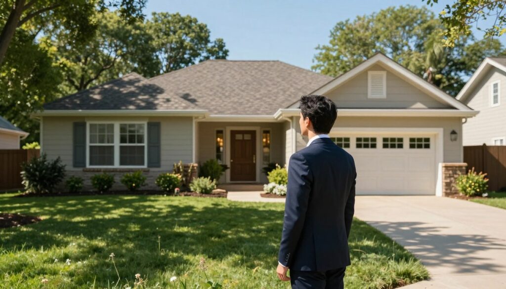 A serene suburban home, with a manicured front yard and a well-kept garden, sits under a clear blue sky. In the foreground, a well-dressed individual, reflecting a professional demeanor, stands thoughtfully, gazing towards the residence. The middle ground showcases the inviting entrance of the house, with warm, natural light illuminating the scene, creating a sense of openness and tranquility. Lush green trees frame the background, casting gentle shadows on the ground. The composition should evoke a sense of curiosity and reflection, highlighting the line between public and private spaces, while maintaining a respectful and professional atmosphere. The angle is slightly elevated, providing a comprehensive view of the surroundings, with no text or distractions present.