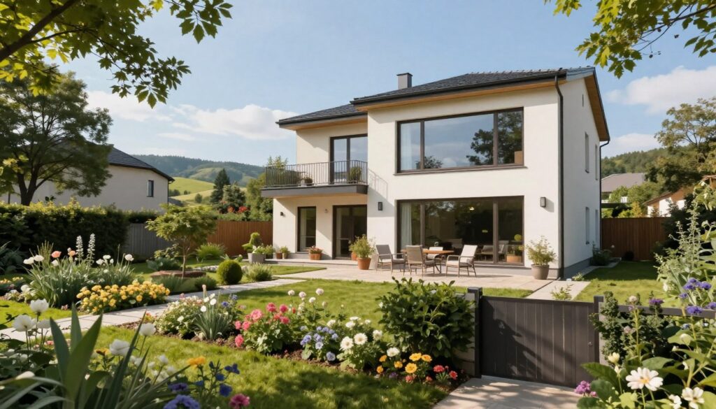A serene suburban landscape depicting a modern house located just outside Warsaw. In the foreground, a lush garden filled with blooming flowers and green shrubs creates a welcoming entrance. The middle ground features a stylish, contemporary two-story home with large windows that reflect the natural surroundings, showcasing a cozy patio adorned with outdoor furniture. The background includes gentle rolling hills and a clear blue sky, adding to the peaceful atmosphere. Soft sunlight filters through the trees, casting dappled shadows across the scene. The mood is tranquil and inviting, emphasizing the comfort of home and personal sanctuary, ideal for residents seeking a balance between nature and modern living.