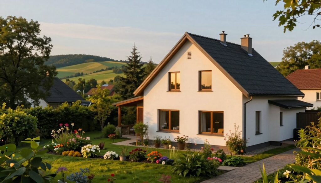 A serene suburban landscape representing life just outside Warsaw, showcasing a comfortable, modern home surrounded by lush greenery. In the foreground, the house features large windows reflecting warm golden light, suggesting a cozy atmosphere. The middle ground consists of a well-maintained garden with colorful flowers and shrubs, inviting a sense of tranquility. In the background, gentle rolling hills and a soft blue sky fill the scene, hinting at the peaceful countryside. The lighting is warm and inviting, evoking a mood of comfort and serenity. Capture this scene from a slightly elevated angle that emphasizes the home's inviting presence, while maintaining the lush surroundings that offer a retreat from city life. The overall atmosphere should be calm and peaceful, ideal for showcasing a life away from the hustle and bustle of urban living. A serene suburban landscape representing life just outside Warsaw, showcasing a comfortable, modern home surrounded by lush greenery. In the foreground, the house features large windows reflecting warm golden light, suggesting a cozy atmosphere. The middle ground consists of a well-maintained garden with colorful flowers and shrubs, inviting a sense of tranquility. In the background, gentle rolling hills and a soft blue sky fill the scene, hinting at the peaceful countryside. The lighting is warm and inviting, evoking a mood of comfort and serenity. Capture this scene from a slightly elevated angle that emphasizes the home's inviting presence, while maintaining the lush surroundings that offer a retreat from city life. The overall atmosphere should be calm and peaceful, ideal for showcasing a life away from the hustle and bustle of urban living.