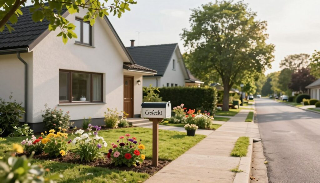 A serene suburban neighborhood representing the essence of home, featuring a modest, modern house with a cozy garden. In the foreground, a well-tended flowerbed with vibrant blooms, while a pathway leads to the welcoming entrance. In the middle, subtle details like a mailbox with the name "Gołecki" elegantly displayed. The background includes a tranquil street, lined with lush green trees and soft, warm sunlight filtering through the leaves, creating a peaceful atmosphere. The scene is captured with a soft-focus lens to evoke warmth and approachability, emphasizing the beauty of a quiet lifestyle while remaining professional and inviting. A serene suburban neighborhood representing the essence of home, featuring a modest, modern house with a cozy garden. In the foreground, a well-tended flowerbed with vibrant blooms, while a pathway leads to the welcoming entrance. In the middle, subtle details like a mailbox with the name "Gołecki" elegantly displayed. The background includes a tranquil street, lined with lush green trees and soft, warm sunlight filtering through the leaves, creating a peaceful atmosphere. The scene is captured with a soft-focus lens to evoke warmth and approachability, emphasizing the beauty of a quiet lifestyle while remaining professional and inviting.