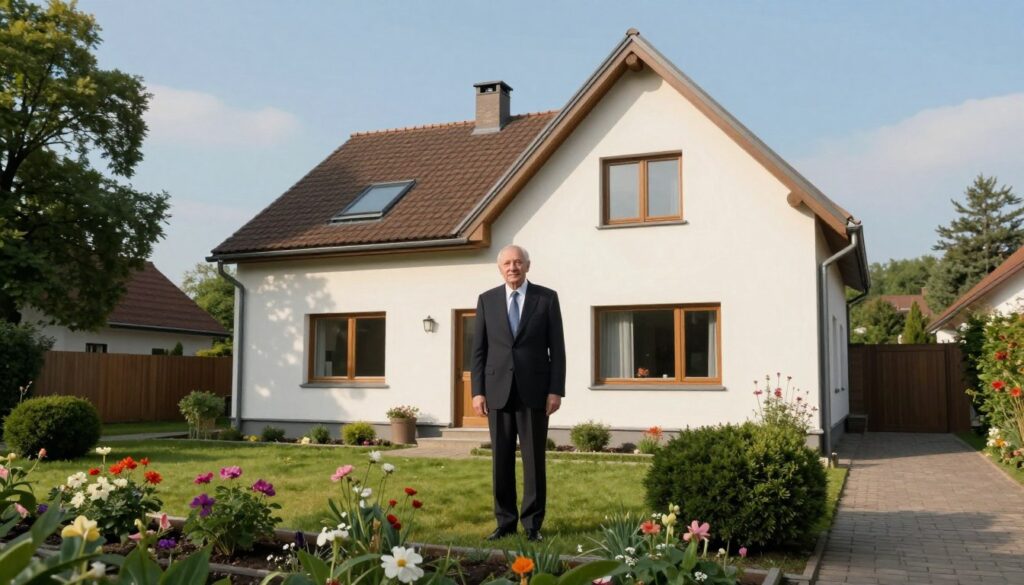 A serene view of Lech Wałęsa's modern home, set in a peaceful Polish neighborhood. In the foreground, a modest yet elegant house with a well-maintained garden featuring blooming flowers and manicured bushes. The middle section highlights Wałęsa, dressed in professional business attire, standing proudly in front of his home, conveying a sense of dignity and history. The background includes green trees and a clear blue sky, enhancing the tranquil atmosphere. Soft, natural lighting casts gentle shadows, creating a warm, inviting scene. The perspective is slightly angled to capture both the house and Wałęsa, emphasizing his connection to the location. The overall mood is respectful, reflecting both Wałęsa's legacy and the significance of his residence.