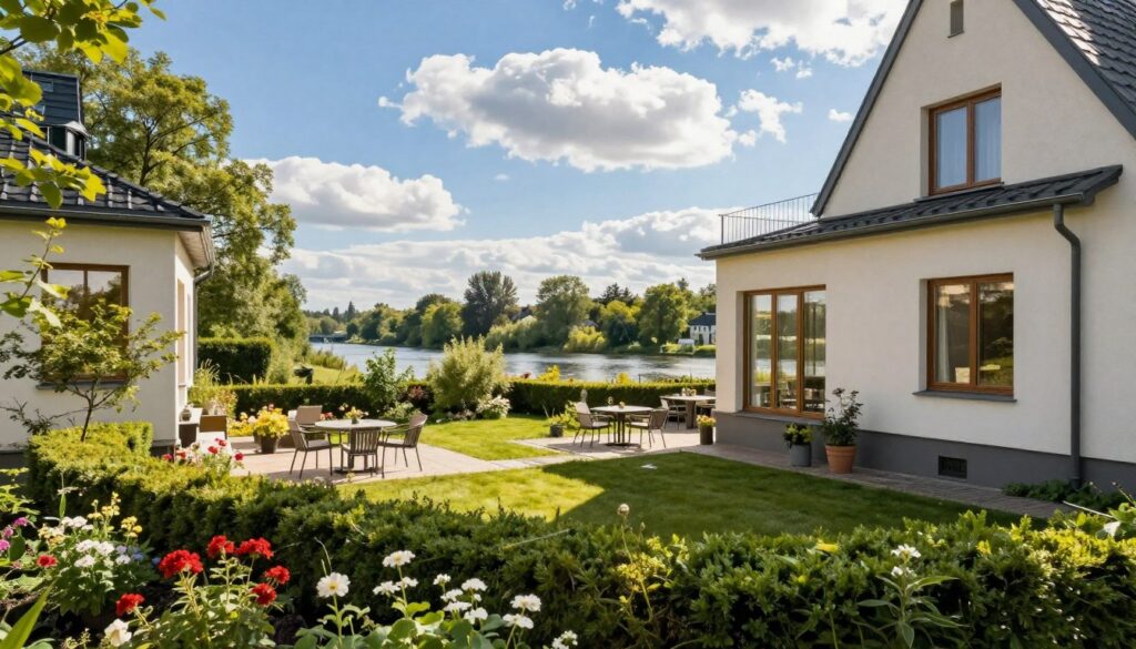 A serene view of a residential property in the vicinity of Wału Miedzeszyńskiego, Warsaw. In the foreground, a well-maintained garden with vibrant flowers and hedges frames the house, which showcases a modern architectural design with large windows reflecting the sunlight. The middle ground features a cozy patio area with outdoor furniture, inviting yet professional in appearance. In the background, a tranquil riverside view with lush greenery and trees, under a bright blue sky with fluffy white clouds. The scene is bathed in warm, natural light, evoking a calm and welcoming atmosphere, shot from a slightly elevated angle to capture the entire landscape. The image should be detailed and realistic, suitable for an informative article on real estate.