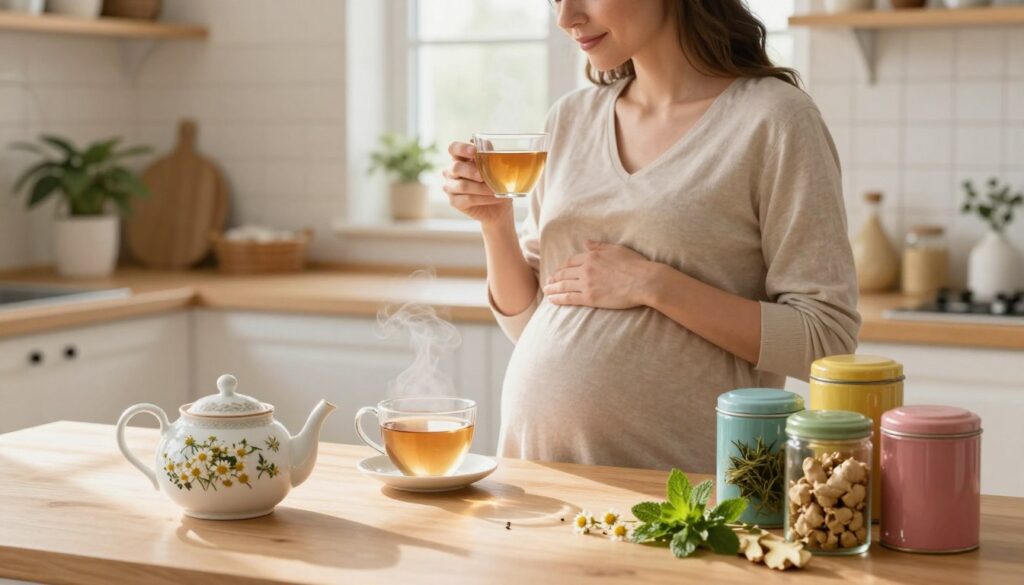 A serene, well-lit kitchen scene showcasing a pregnant woman in modest casual clothing, gently cradling her belly while thoughtfully contemplating a steaming cup of herbal tea on the table before her. In the foreground, an ornate teapot and several colorful tea canisters filled with a variety of safe herbs for pregnancy, such as chamomile, ginger, and peppermint. The middle ground features sunlight streaming through a window, illuminating the soft textures of the kitchen fabric and the warmth of the wood surfaces. In the background, plants and calming decor set a peaceful atmosphere, creating a sense of wellness and relaxation. The composition conveys a mood of care, safety, and mindfulness, encouraging the viewer to consider nutritional choices during pregnancy.