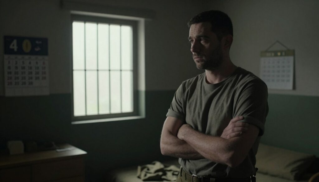 A somber and reflective scene depicting a male figure in a confined, dimly lit military-style room, symbolizing his two-year sentence for refusing military service. In the foreground, the man stands with his arms crossed, wearing modest casual clothing that reflects weariness and contemplation. The middle ground features a small, barred window letting in a sliver of harsh light, creating contrast with the darker shadows of the room, hinting at a sense of entrapment. The background includes simple military decor, such as a faded calendar and sparse furnishings, enhancing the atmosphere of isolation and consequence. The overall mood conveys a poignant sense of struggle and reflection, with soft lighting emphasizing the man's expression.