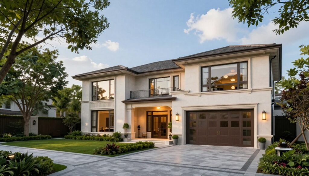 A sophisticated and modern residence showcasing an elegant facade with large windows and a neatly landscaped garden in the foreground. The scene includes a well-kept driveway leading to the entrance, adorned with tasteful outdoor lighting. In the middle ground, a canopy of mature trees provides natural shade, enhancing the luxurious atmosphere. The background features a clear blue sky and gentle clouds, with soft, warm sunlight illuminating the scene, creating an inviting and peaceful ambiance. Capture the essence of a prestigious living space, emphasizing professionalism and exclusivity. The image should evoke a sense of security and tranquility associated with a prominent public figure's home, depicted without any people or distractions.
