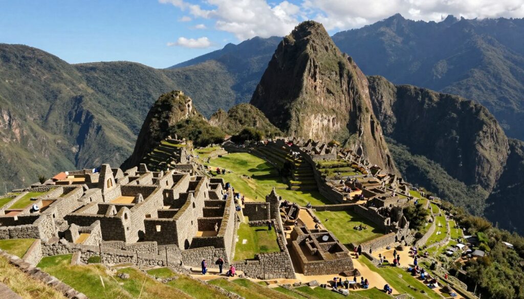 A stunning depiction of Inca architecture set in a majestic mountainous landscape. In the foreground, intricately built stone structures showcase the precision of Inca masonry, featuring terraces and agricultural fields that blend seamlessly with the rugged terrain. The middle ground reveals a vibrant community, with modestly dressed figures engaged in daily activities, emphasizing civilization and teamwork. In the background, majestic peaks rise under a clear blue sky, framed by wisps of clouds, evoking a sense of grandeur. Soft, warm lighting casts long shadows, enhancing the textures of the stonework and the lush greenery. This scene captures the ingenuity of Inca engineering and the beauty of their urban planning, creating a sense of harmony between nature and architecture. A stunning depiction of Inca architecture set in a majestic mountainous landscape. In the foreground, intricately built stone structures showcase the precision of Inca masonry, featuring terraces and agricultural fields that blend seamlessly with the rugged terrain. The middle ground reveals a vibrant community, with modestly dressed figures engaged in daily activities, emphasizing civilization and teamwork. In the background, majestic peaks rise under a clear blue sky, framed by wisps of clouds, evoking a sense of grandeur. Soft, warm lighting casts long shadows, enhancing the textures of the stonework and the lush greenery. This scene captures the ingenuity of Inca engineering and the beauty of their urban planning, creating a sense of harmony between nature and architecture.