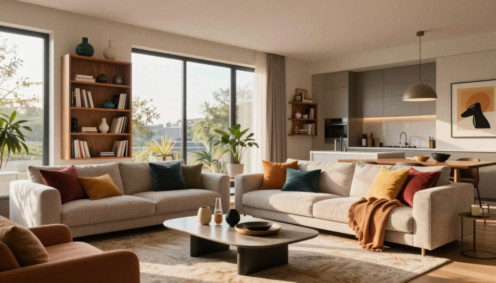A stunning interior of a modern home, showcasing a well-decorated living room inspired by Agnieszka Chylińska's style. In the foreground, a plush, contemporary sofa with colorful cushions is perfectly arranged around a sleek coffee table with artistic decor elements. In the middle, floor-to-ceiling windows allow natural light to flood the space, illuminating elegant wooden shelves filled with books and unique trinkets. A tasteful rug adds warmth to the room. In the background, a stylish kitchen is partially visible, with minimalist cabinets and a sophisticated dining area featuring modern artwork on the walls. The atmosphere is lively yet cozy, exuding a blend of comfort and sophistication, captured with soft, natural lighting from a late afternoon sun angle.