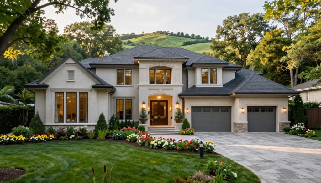 A stunning view of Eminem's residence in Rochester Hills, showcasing a luxurious, contemporary mansion surrounded by lush greenery. In the foreground, a well-manicured lawn with vibrant flower beds enhances the elegance of the entrance, featuring a grand facade with large windows and modern architectural elements. The middle layer highlights the driveway leading to the garage, flanked by tall trees swaying gently in the breeze. In the background, a picturesque suburban landscape with rolling hills provides a serene atmosphere. Soft afternoon sunlight bathes the scene, casting gentle shadows and creating a warm, inviting mood. The image captures the exclusivity and beauty of the property, with no people or text present, focusing entirely on the residence itself.