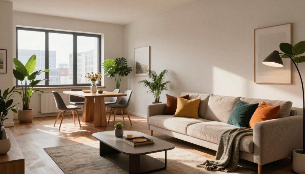 A stylish and contemporary interior design of a trendy apartment, showcasing a harmonious blend of minimalist furniture and vibrant decor. In the foreground, a cozy living area features a chic sofa adorned with colorful cushions, a sleek coffee table, and an elegant floor lamp casting soft light. The middle ground includes a dining area with a wooden table surrounded by modern chairs, complemented by lush indoor plants. In the background, large windows allow for natural light to flood the space, revealing a cityscape view. The overall atmosphere is warm and inviting, epitomizing a sophisticated yet comfortable lifestyle. Natural light creates gentle shadows, enhancing textures and colors, and the scene captures a perfect balance between style and functionality.